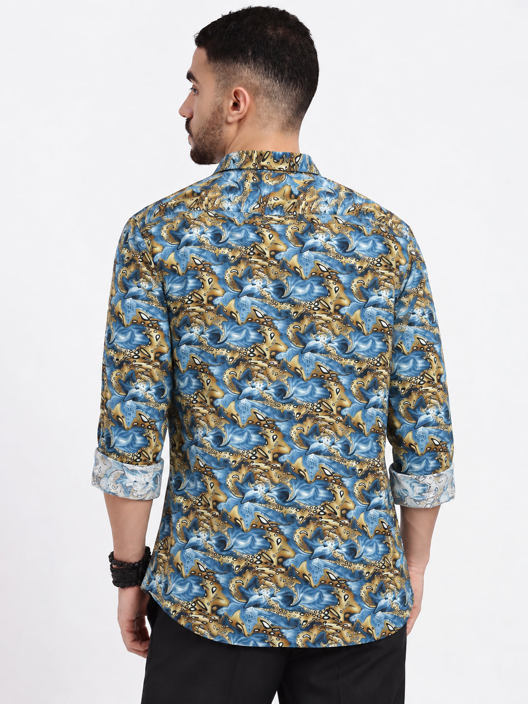 Men’s Abstract Floral Printed Blue Slim Fit Casual Shirt with Spread Collar