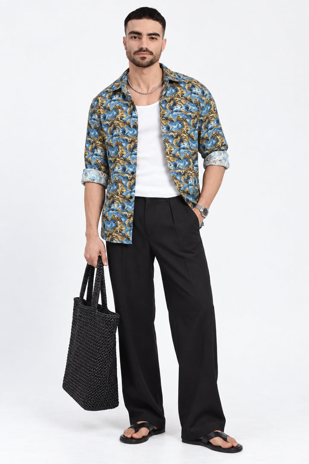 Men’s Abstract Floral Printed Blue Slim Fit Casual Shirt with Spread Collar