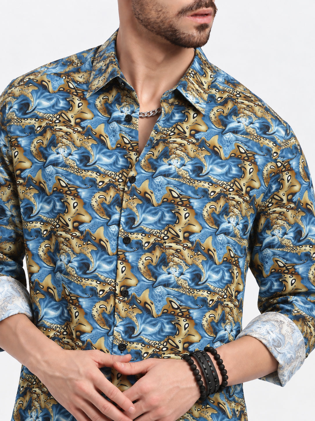 Men’s Abstract Floral Printed Blue Slim Fit Casual Shirt with Spread Collar