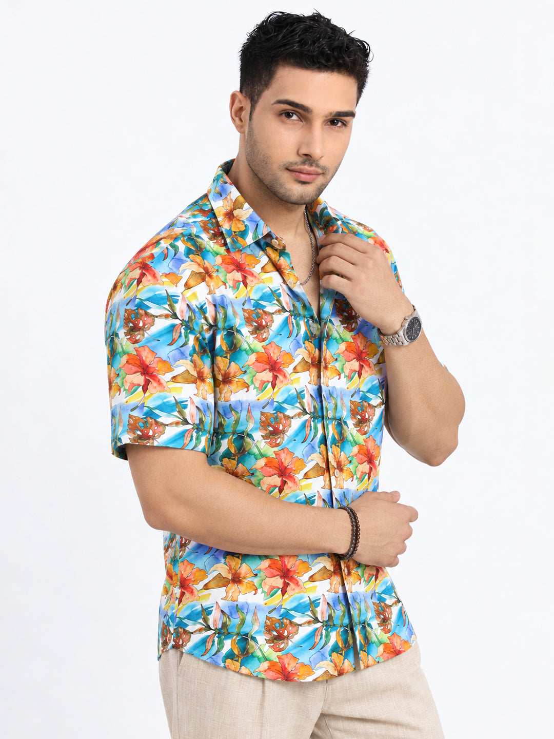 Men’s Floral Printed Blue Short Sleeves Casual Shirt