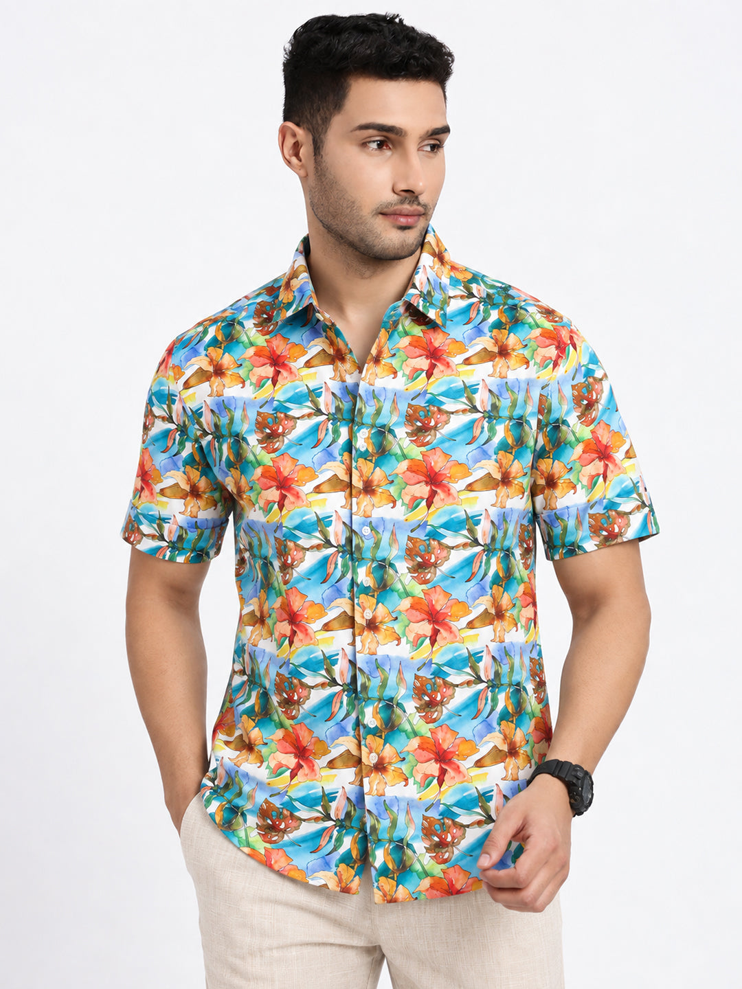 Men’s Floral Printed Blue Short Sleeves Casual Shirt