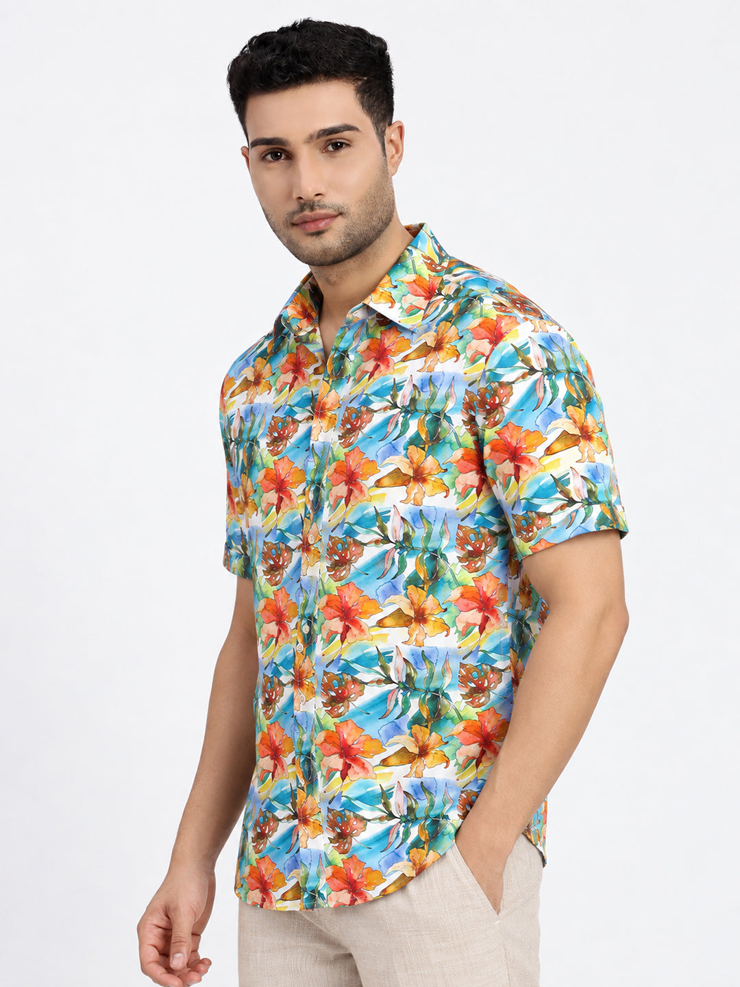 Men’s Floral Printed Blue Short Sleeves Casual Shirt