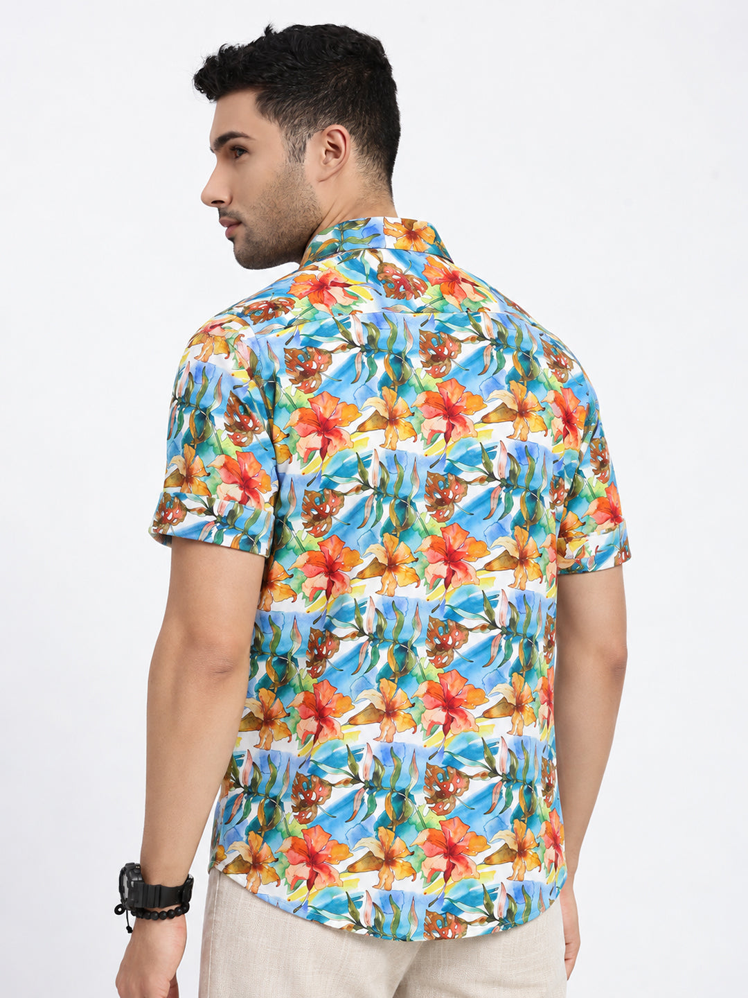 Men’s Floral Printed Blue Short Sleeves Casual Shirt
