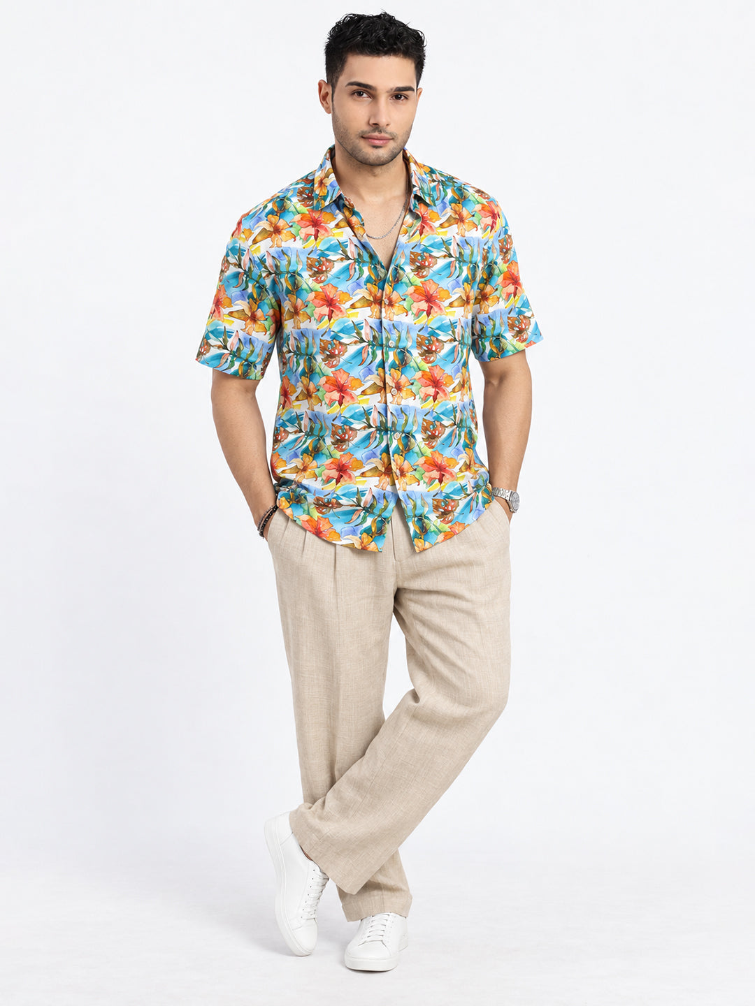 Men’s Floral Printed Blue Short Sleeves Casual Shirt