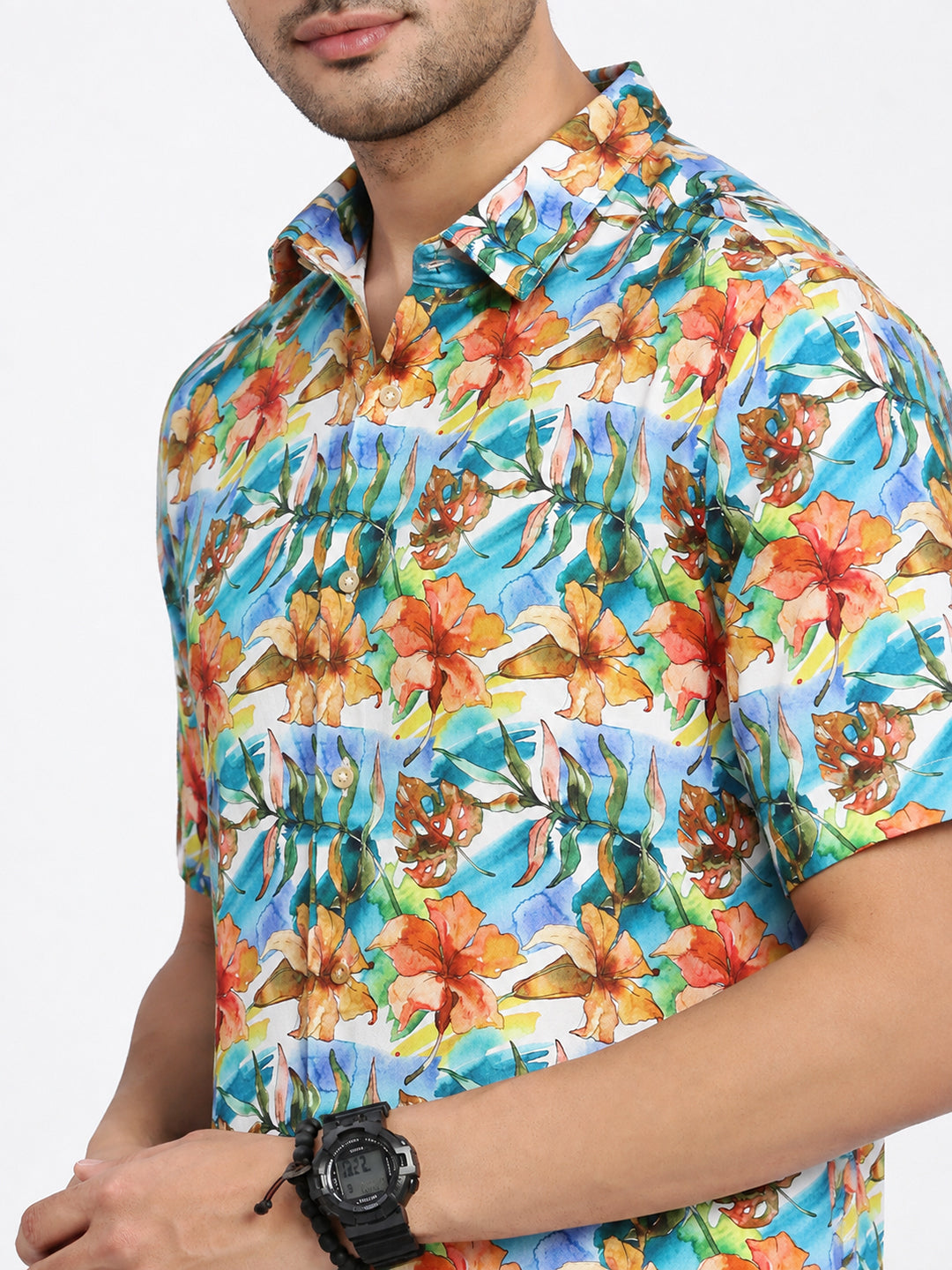 Men’s Floral Printed Blue Short Sleeves Casual Shirt