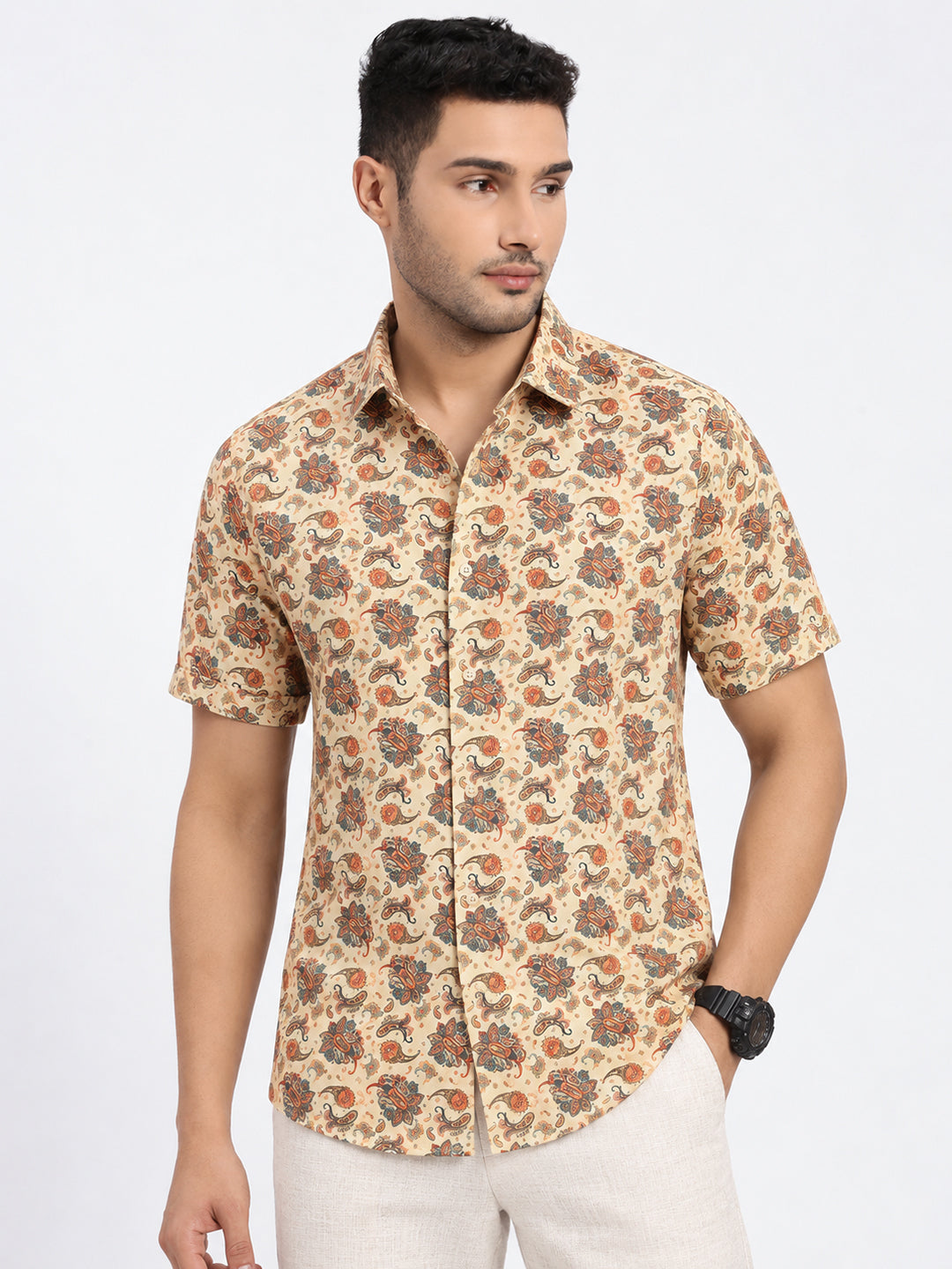 Men's Cream Ethnic Motif Short Sleeves Shirt