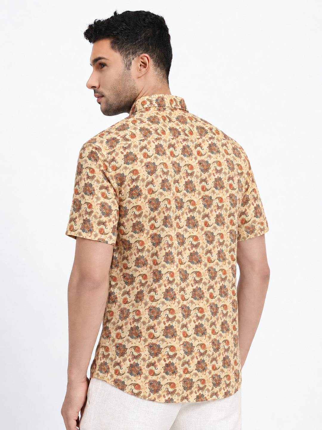 Men's Cream Ethnic Motif Short Sleeves Shirt