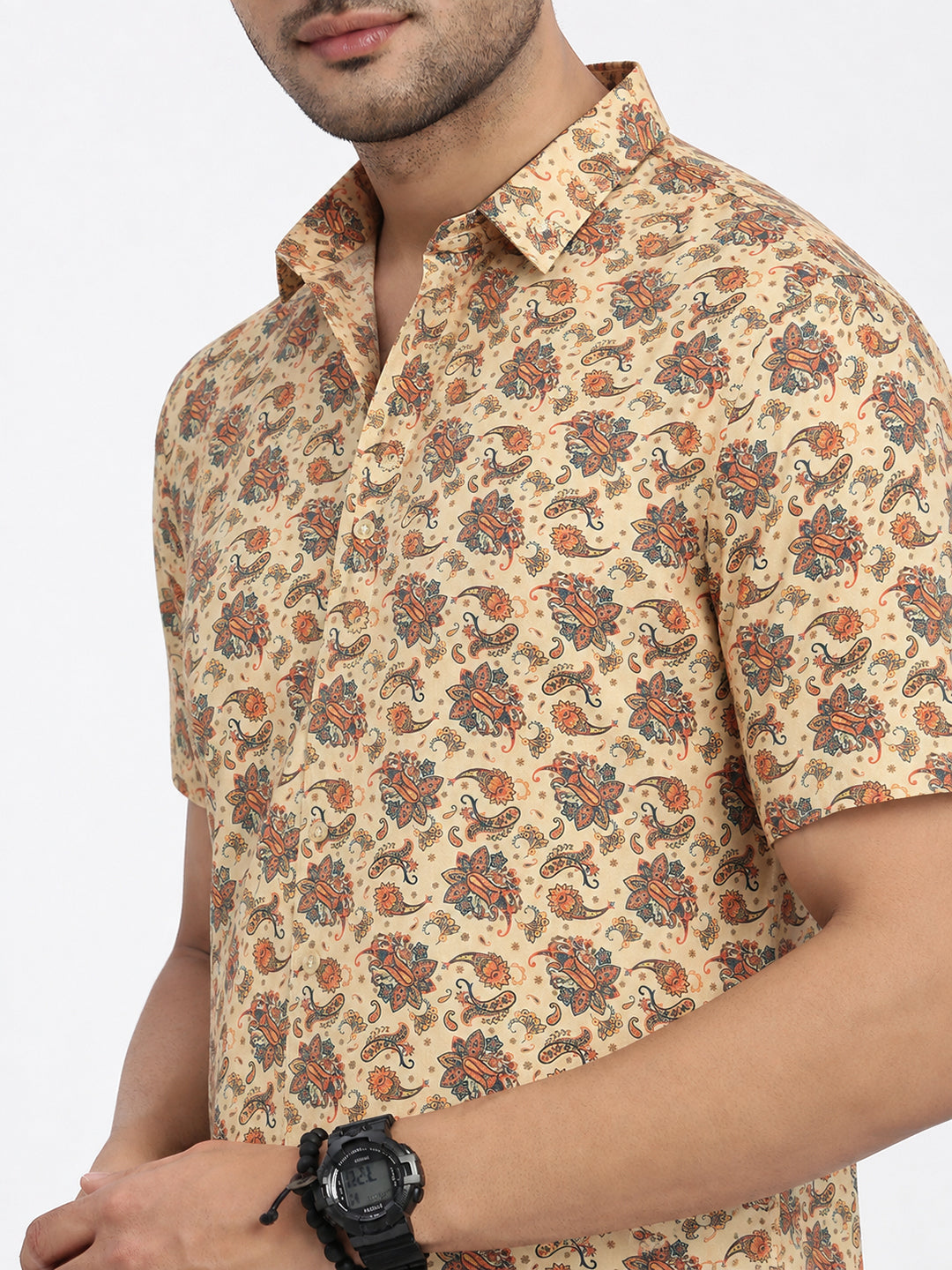 Men's Cream Ethnic Motif Short Sleeves Shirt