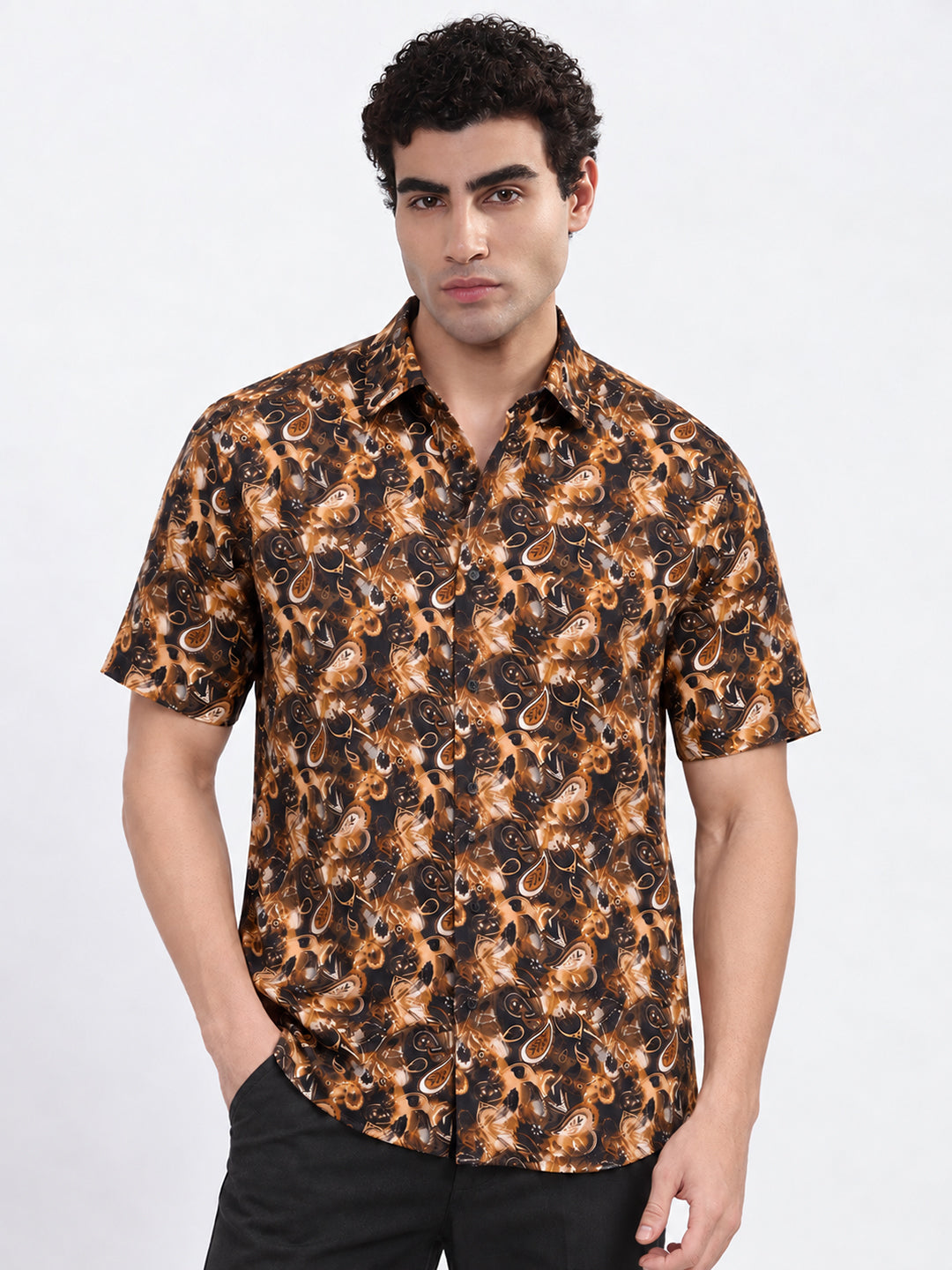 Men’s Paisley Print Brown Slim Fit Short Sleeves Casual Shirt
