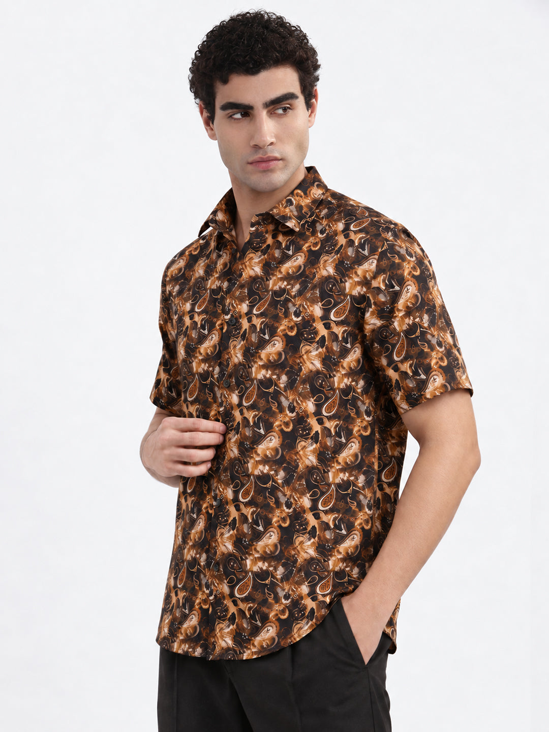 Men’s Paisley Print Brown Slim Fit Short Sleeves Casual Shirt