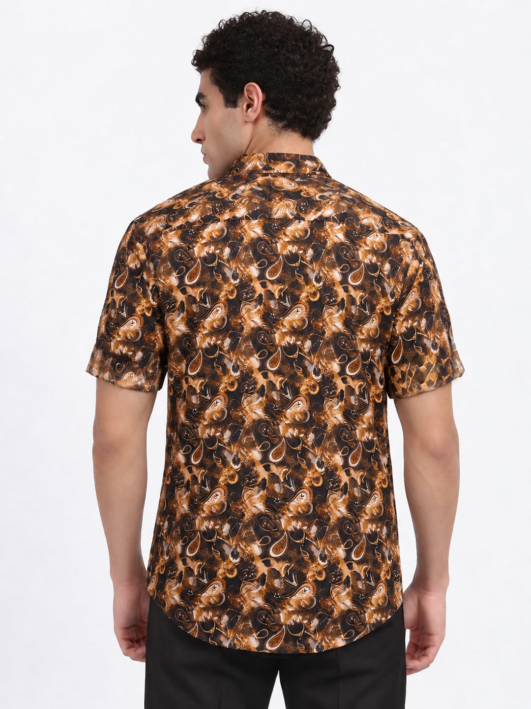 Men’s Paisley Print Brown Slim Fit Short Sleeves Casual Shirt