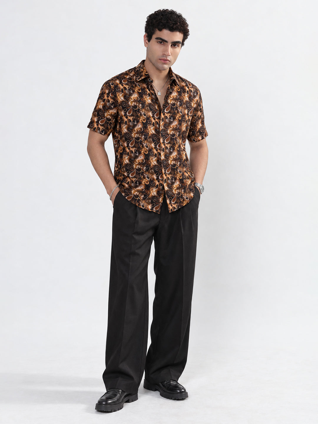 Men’s Paisley Print Brown Slim Fit Short Sleeves Casual Shirt