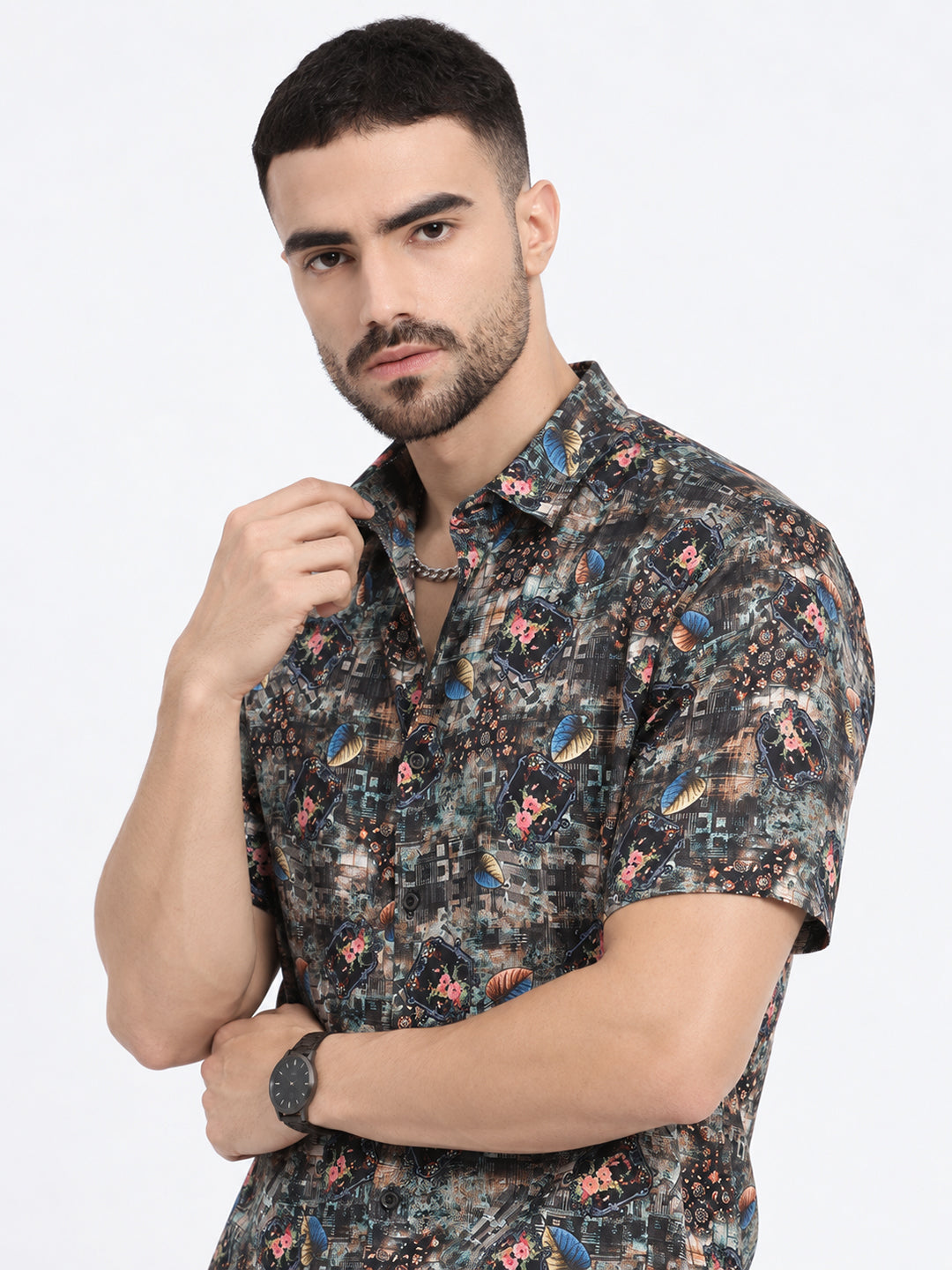Men’s Printed Black Spread Collar Short Sleeves Casual Shirt
