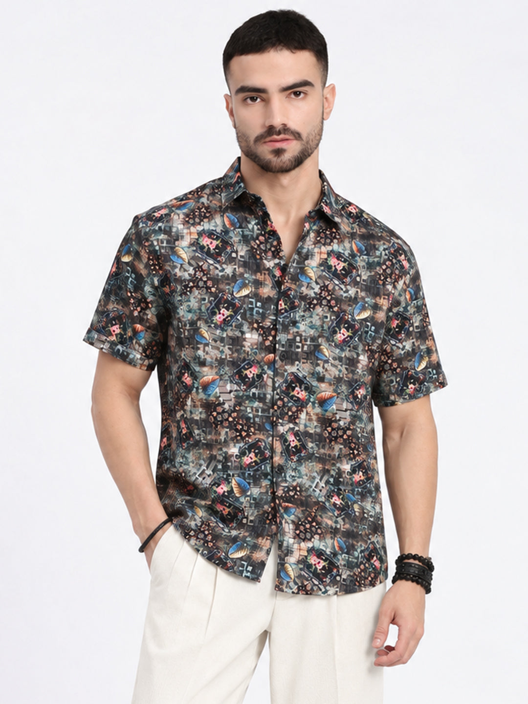 Men’s Printed Black Spread Collar Short Sleeves Casual Shirt