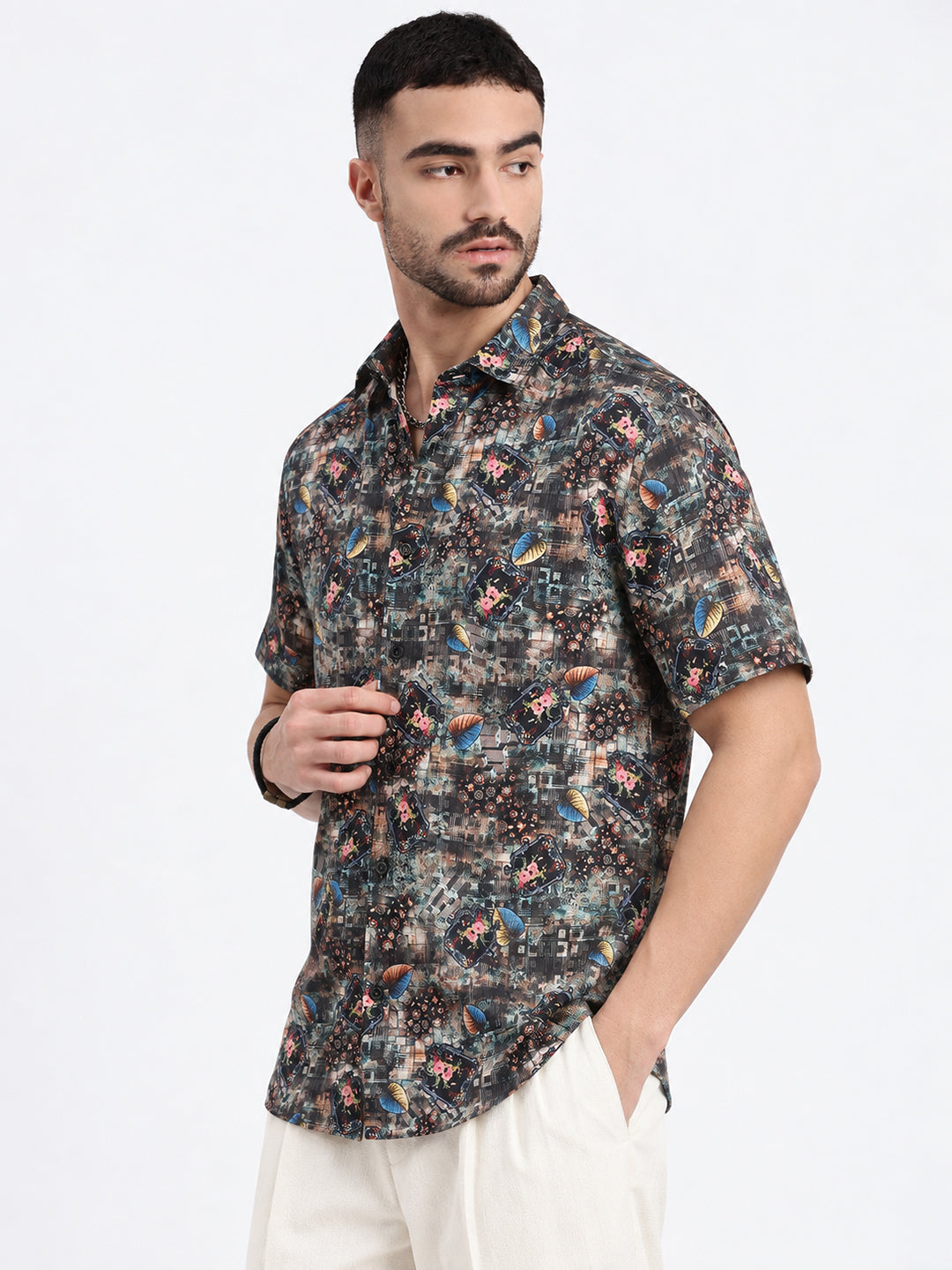 Men’s Printed Black Spread Collar Short Sleeves Casual Shirt