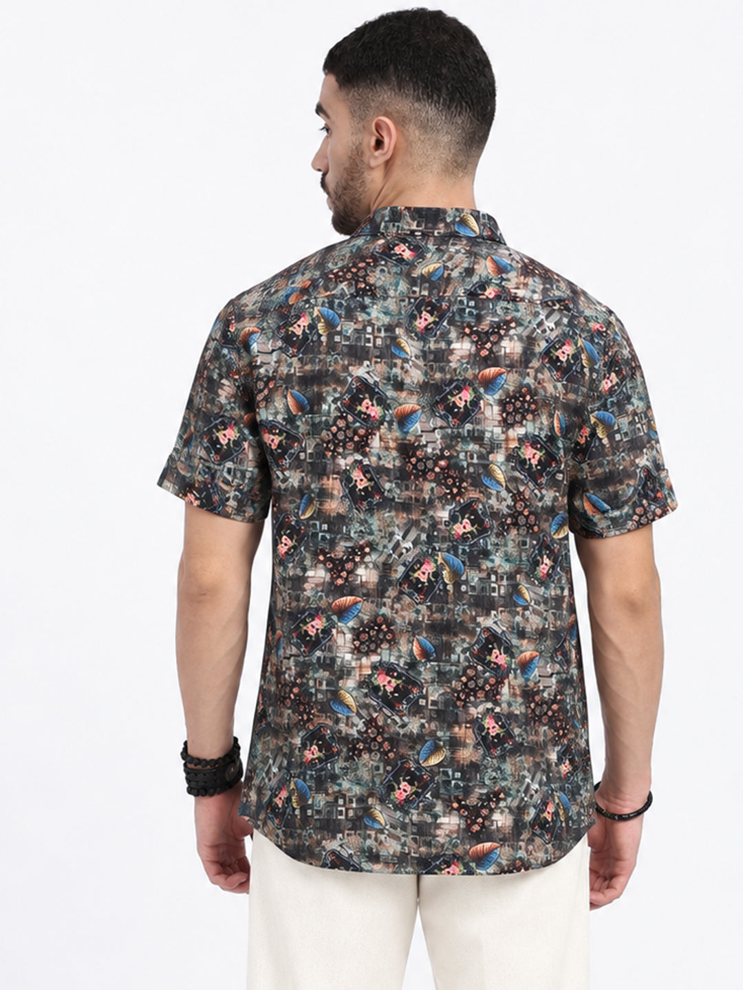 Men’s Printed Black Spread Collar Short Sleeves Casual Shirt