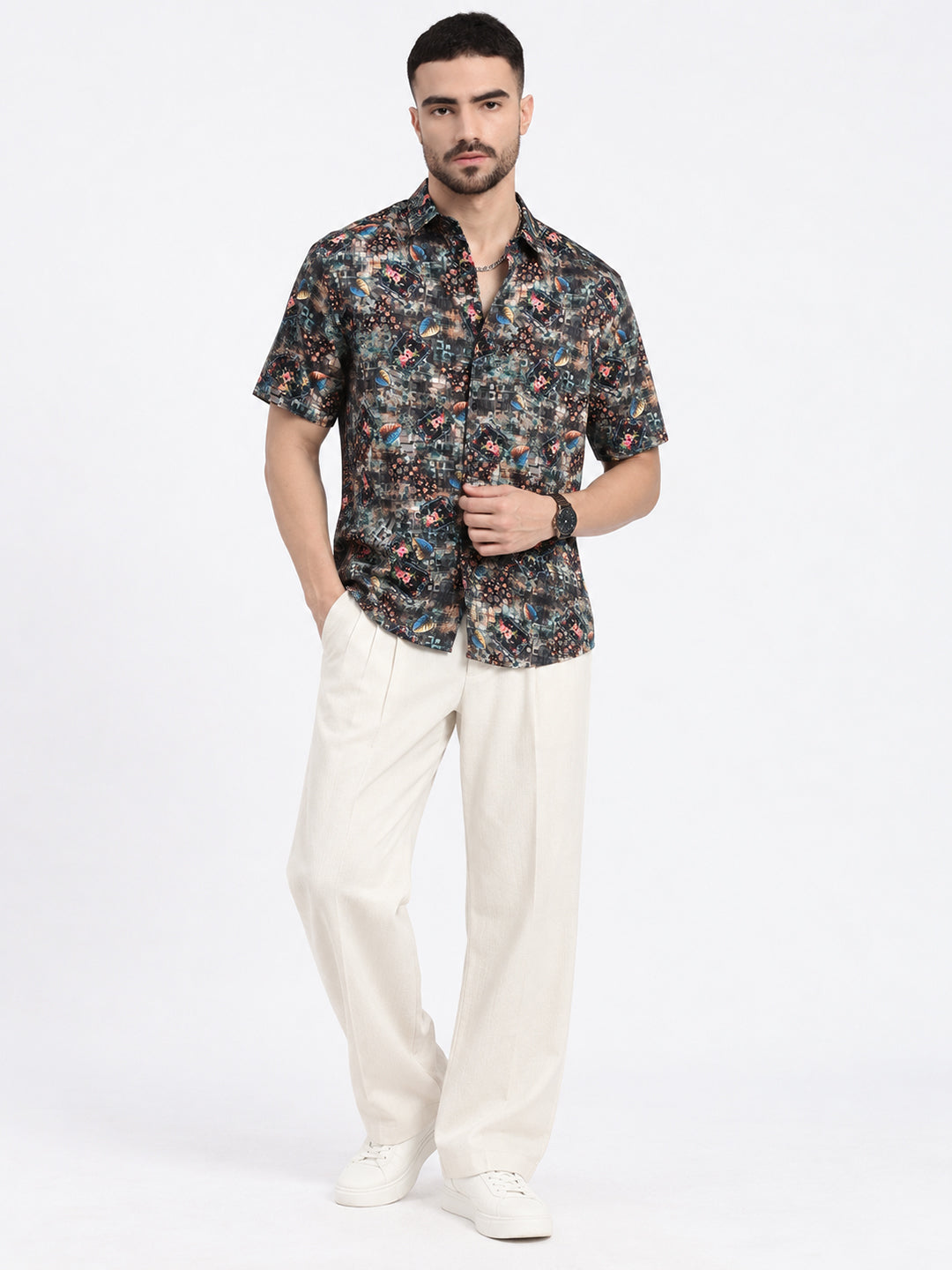 Men’s Printed Black Spread Collar Short Sleeves Casual Shirt