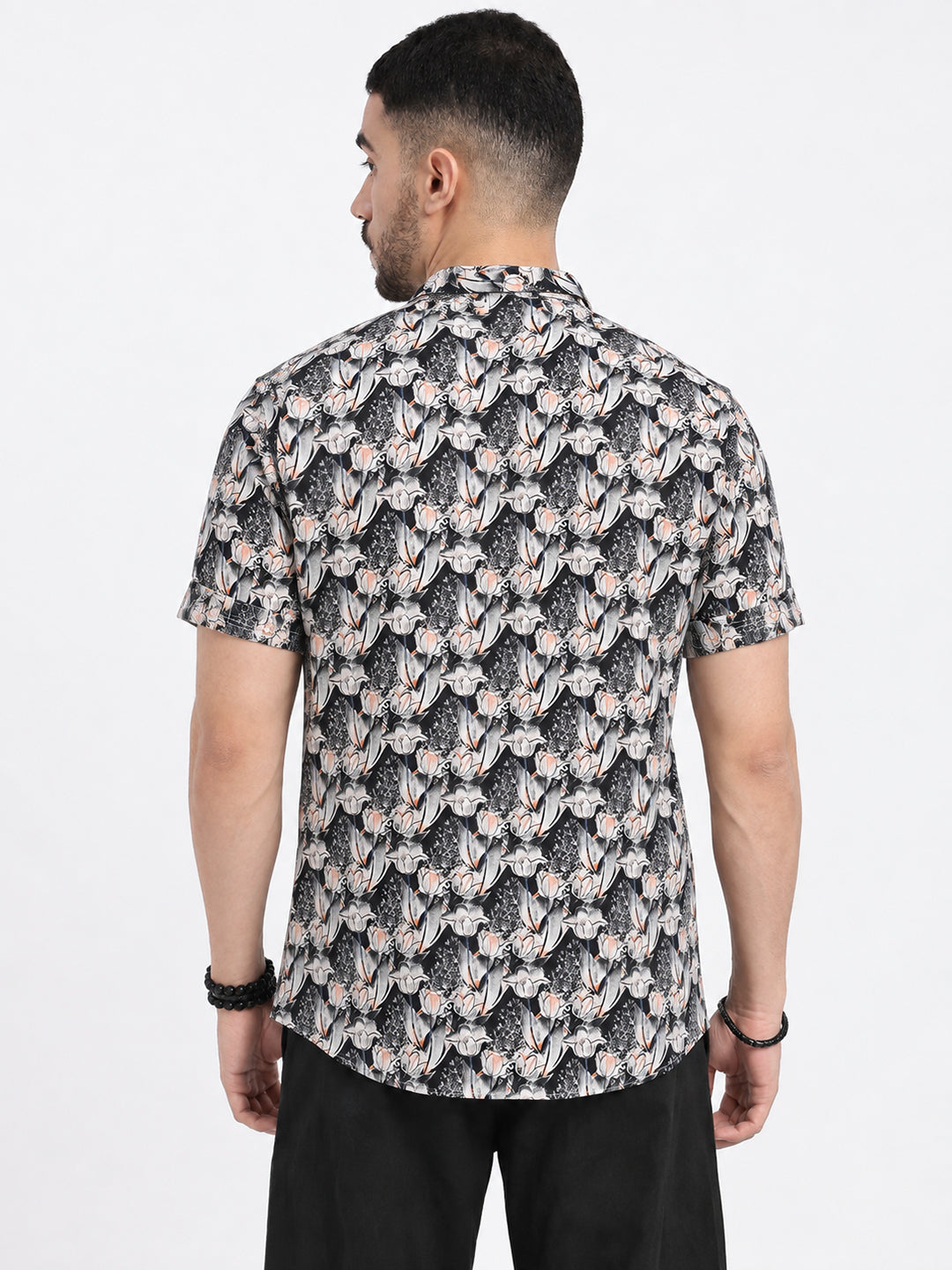 Men’s Floral Print Black Short Sleeves Casual Shirt