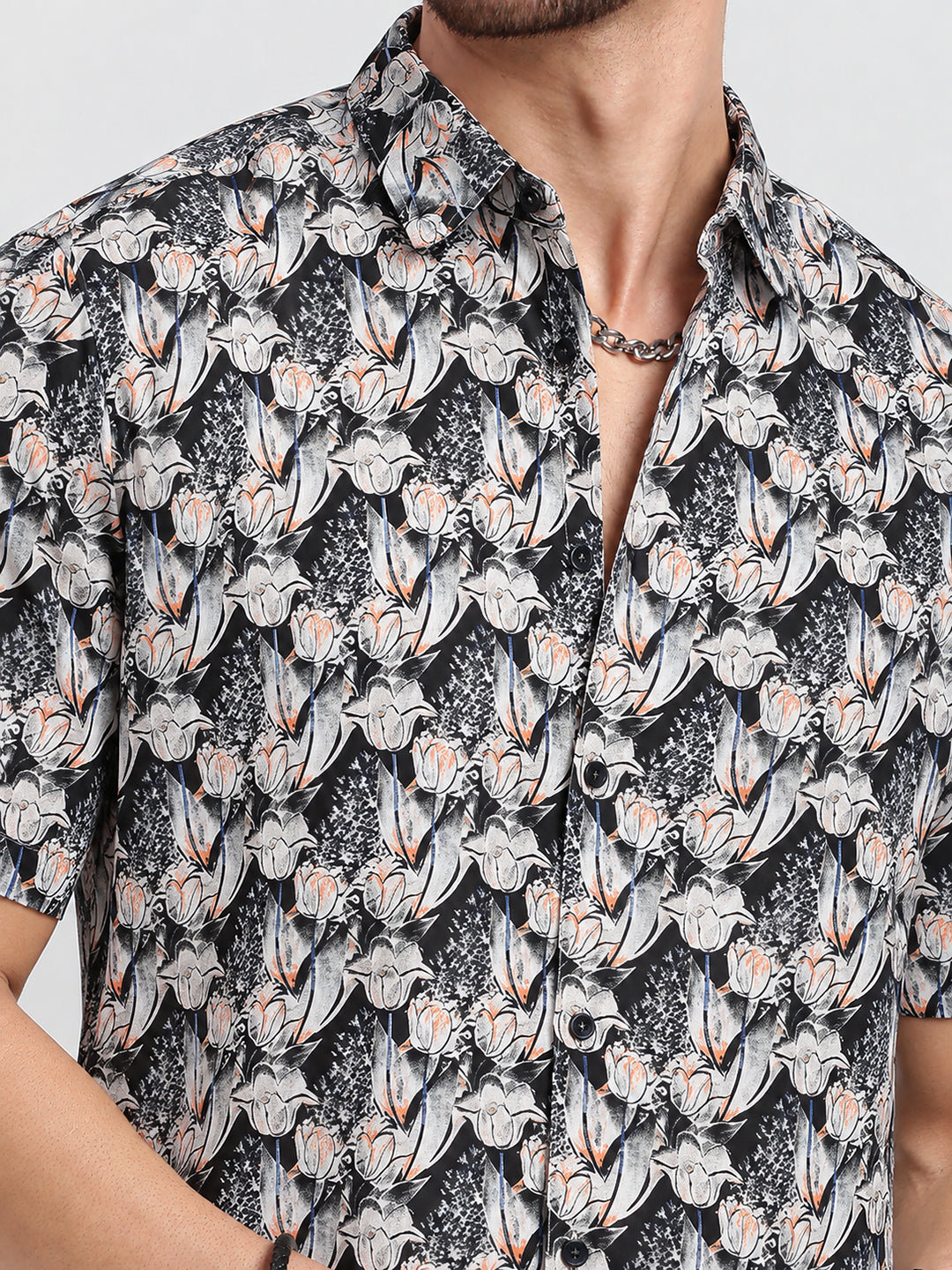 Men’s Floral Print Black Short Sleeves Casual Shirt