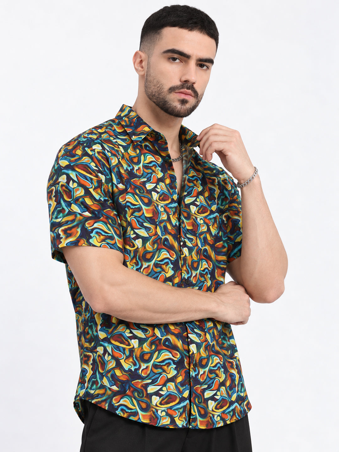 Men’s Abstract Printed Brown Short Sleeves Casual Shirt