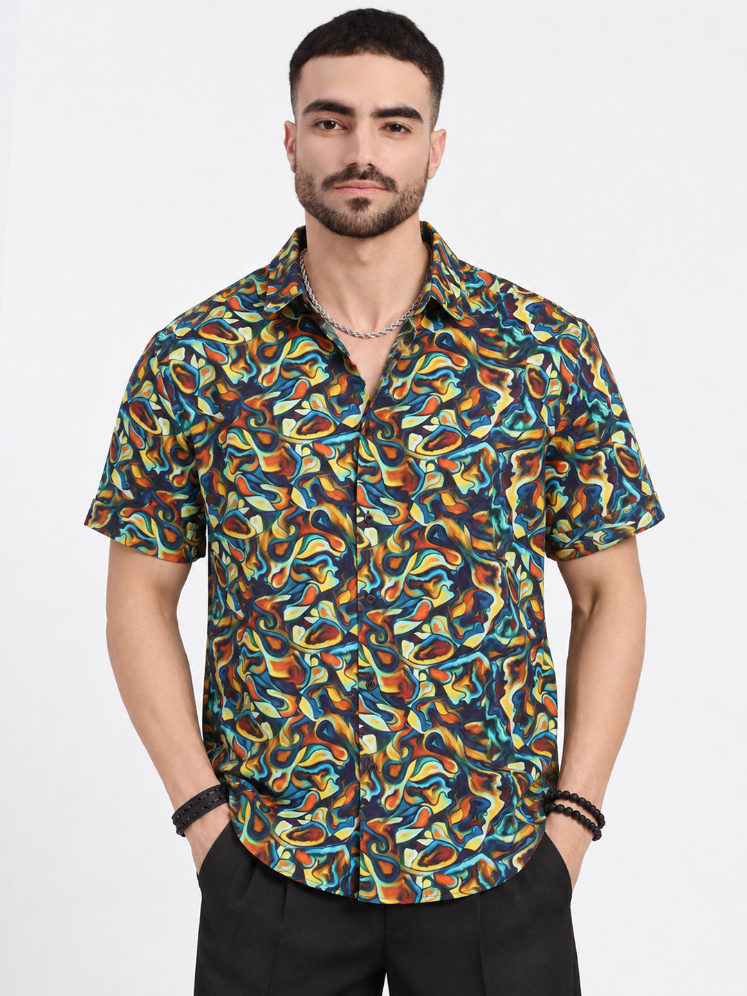 Men’s Abstract Printed Brown Short Sleeves Casual Shirt