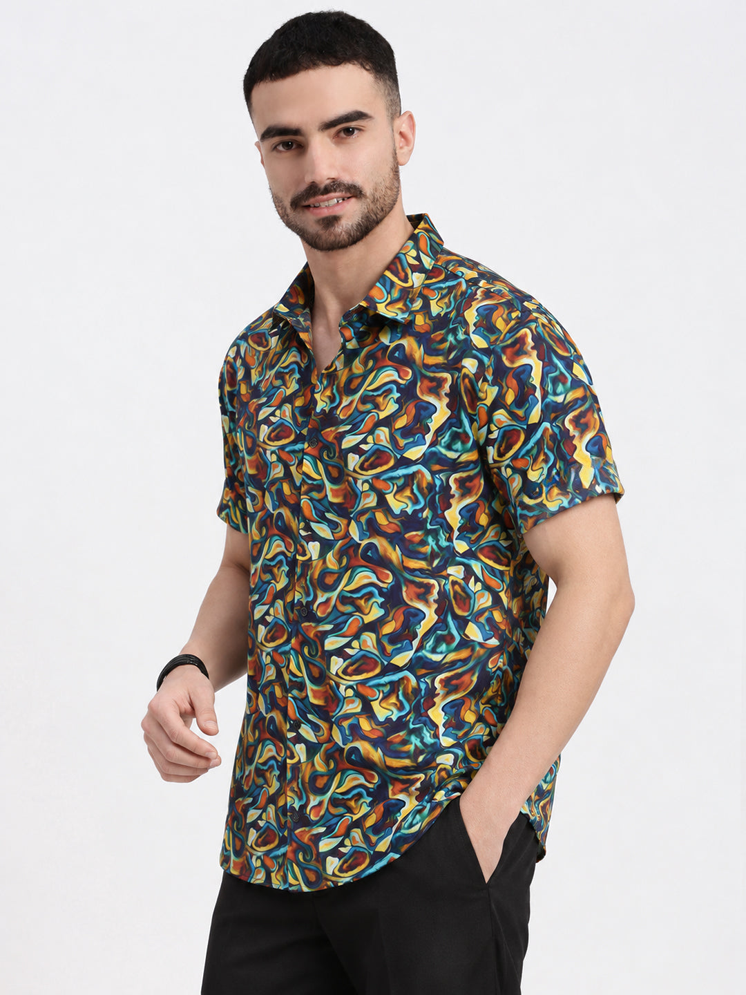 Men’s Abstract Printed Brown Short Sleeves Casual Shirt