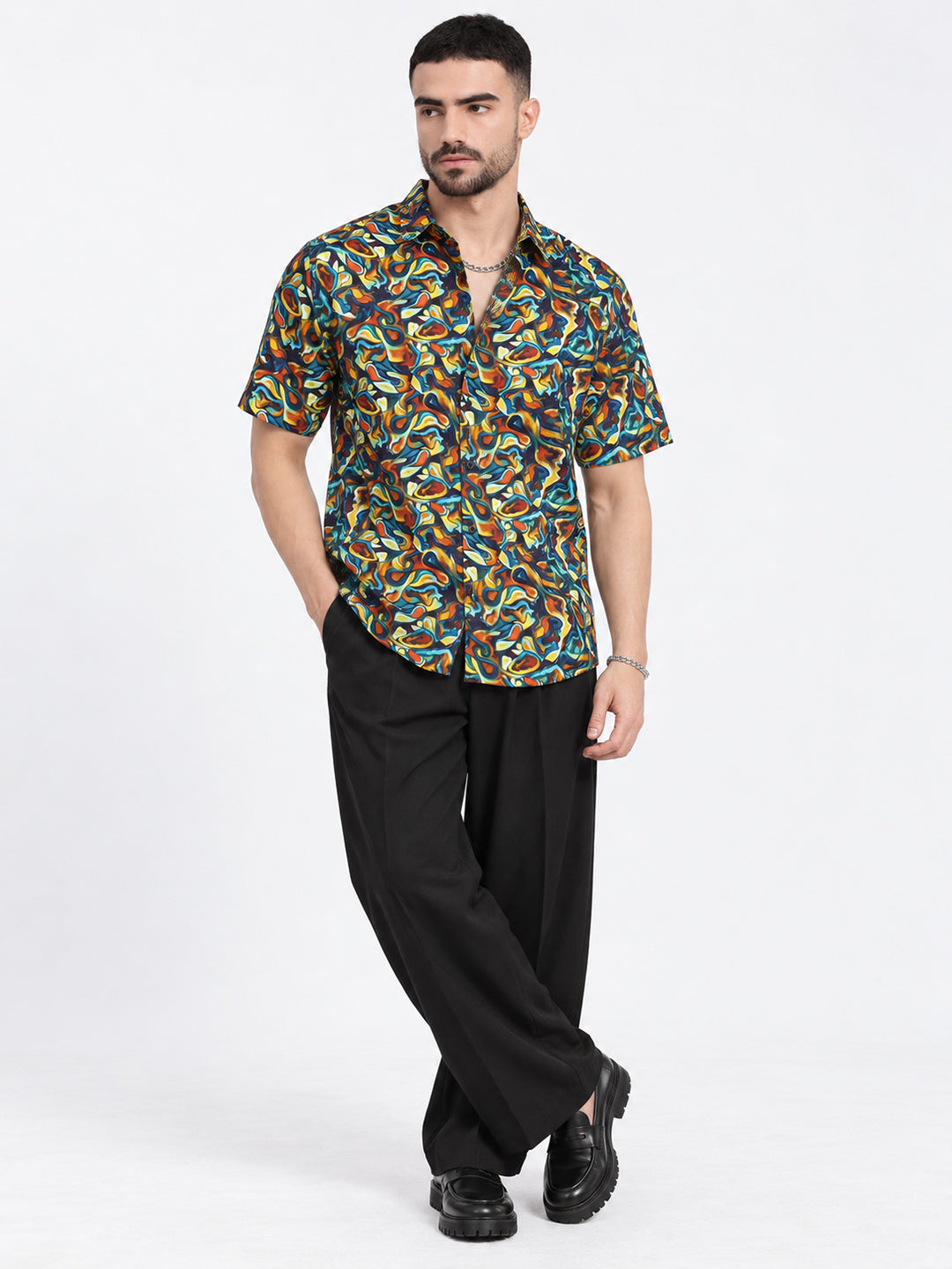 Men’s Abstract Printed Brown Short Sleeves Casual Shirt