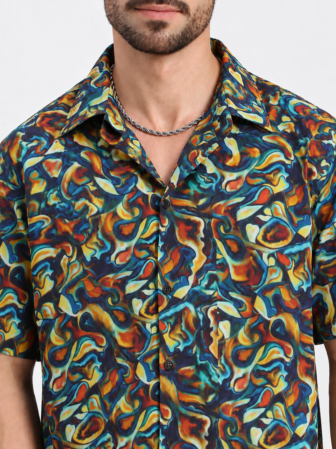 Men’s Abstract Printed Brown Short Sleeves Casual Shirt