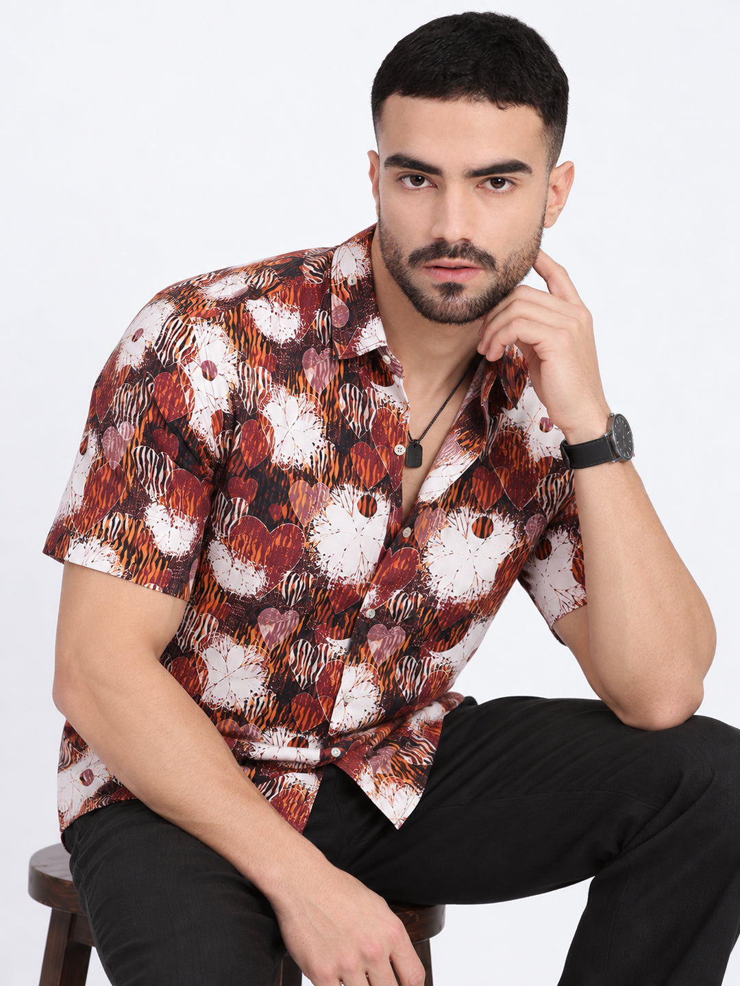 Men’s Abstract Printed Brown Short Sleeves Regular Fit Shirt