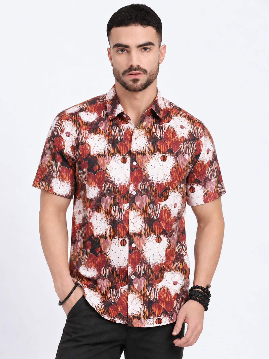 Men’s Abstract Printed Brown Short Sleeves Regular Fit Shirt