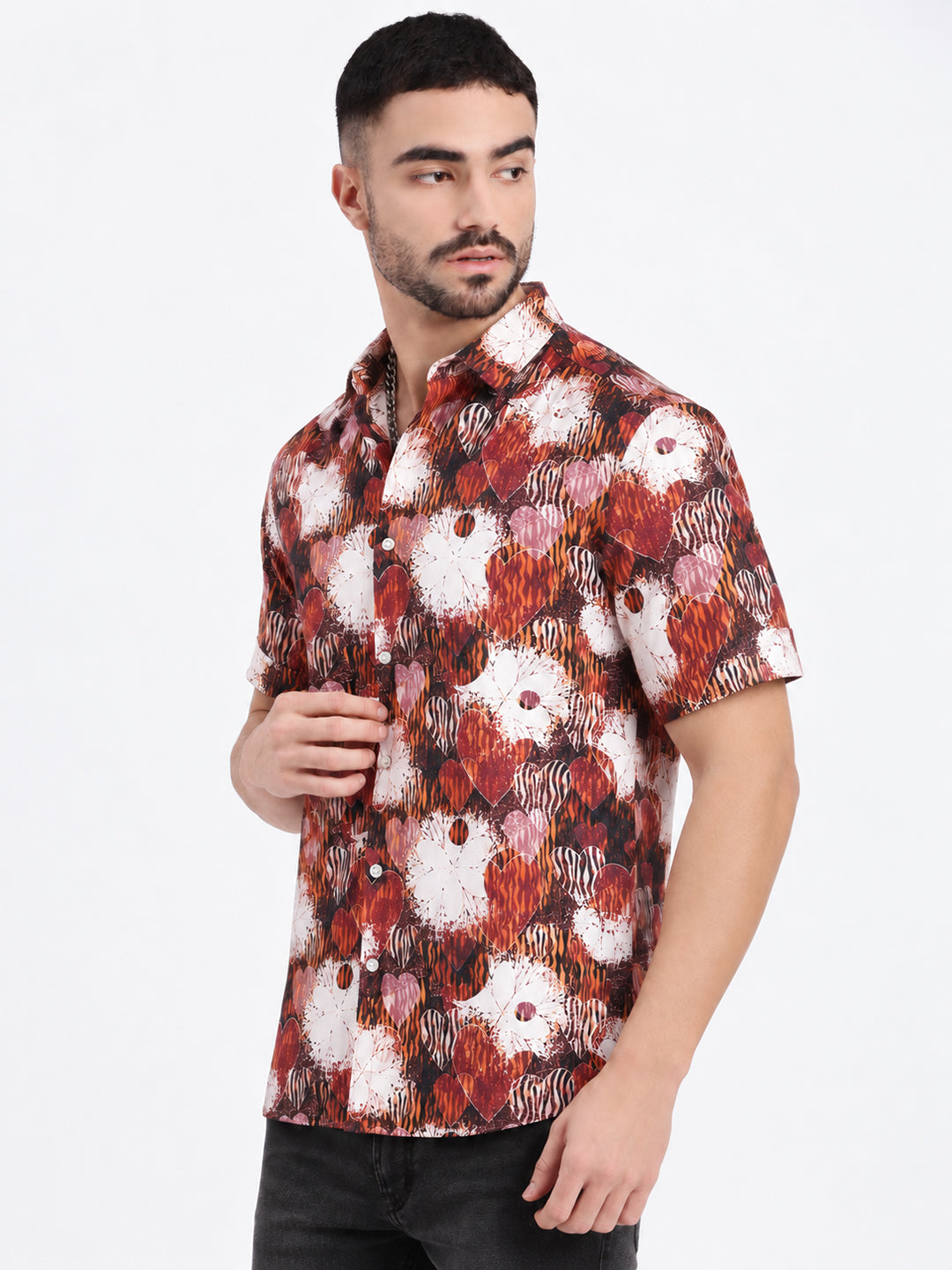 Men’s Abstract Printed Brown Short Sleeves Regular Fit Shirt