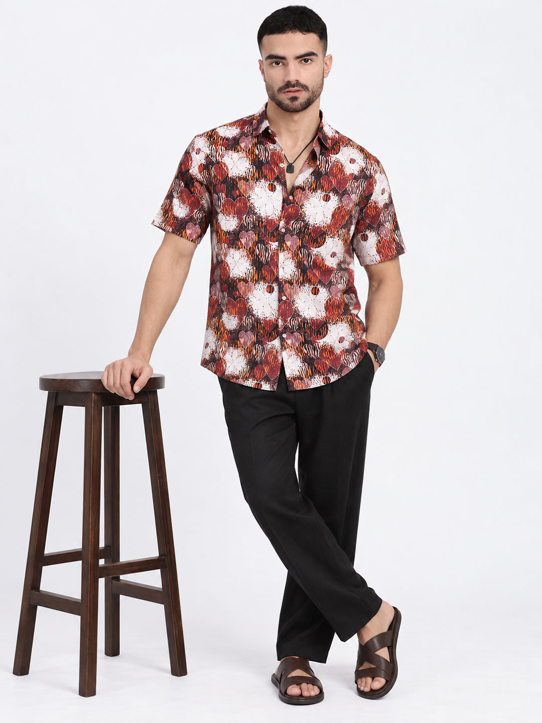 Men’s Abstract Printed Brown Short Sleeves Regular Fit Shirt