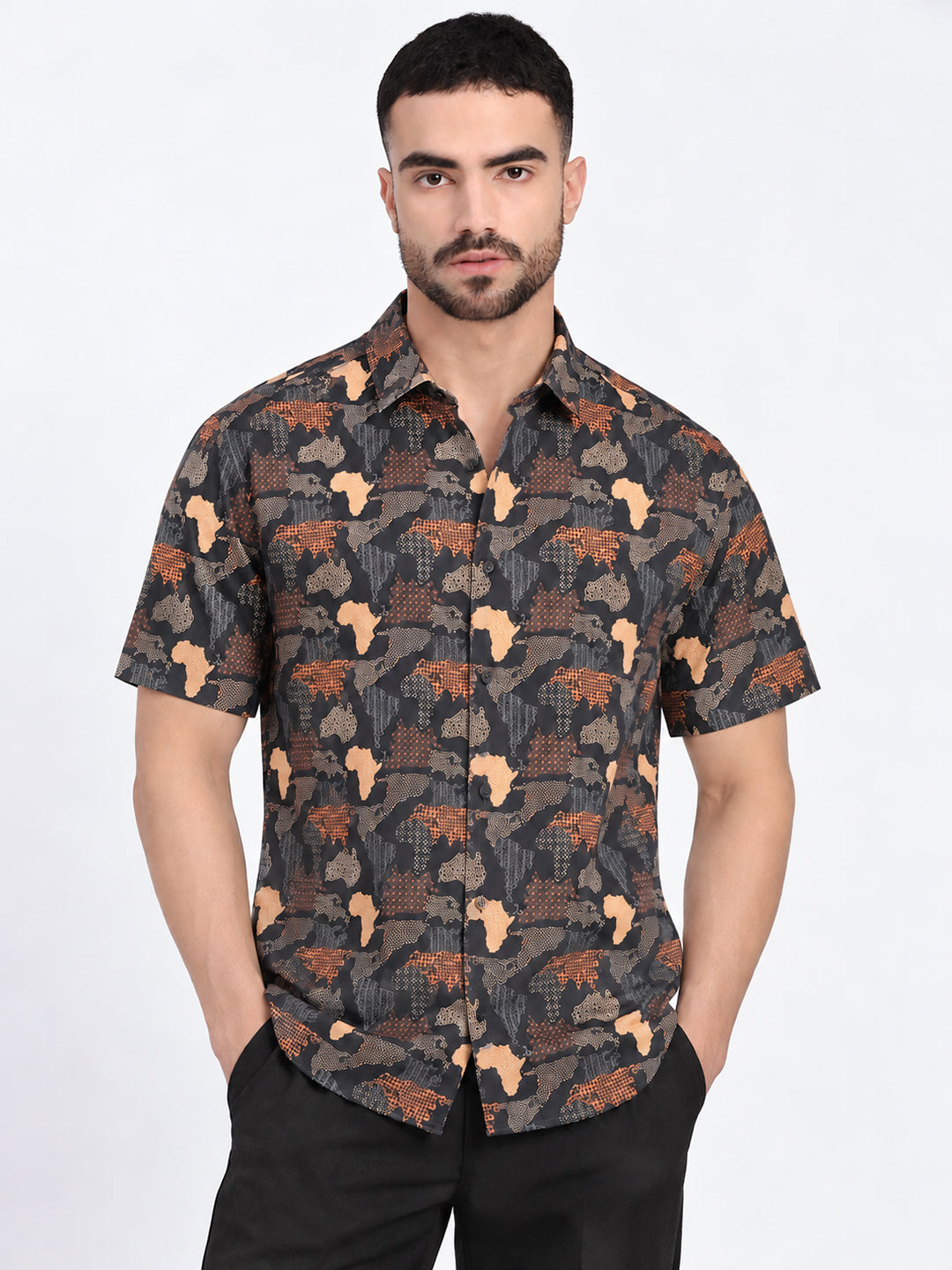Men’s Printed Black Regular Fit Short Sleeves Casual Shirt