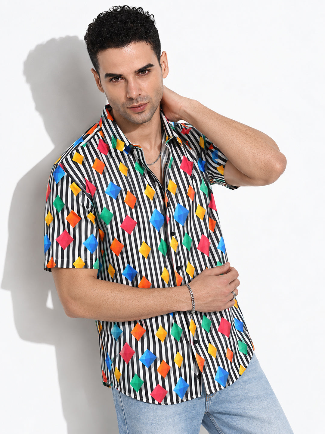 Men’s Graphic Striped Black Regular Fit Short Sleeves Casual Shirt