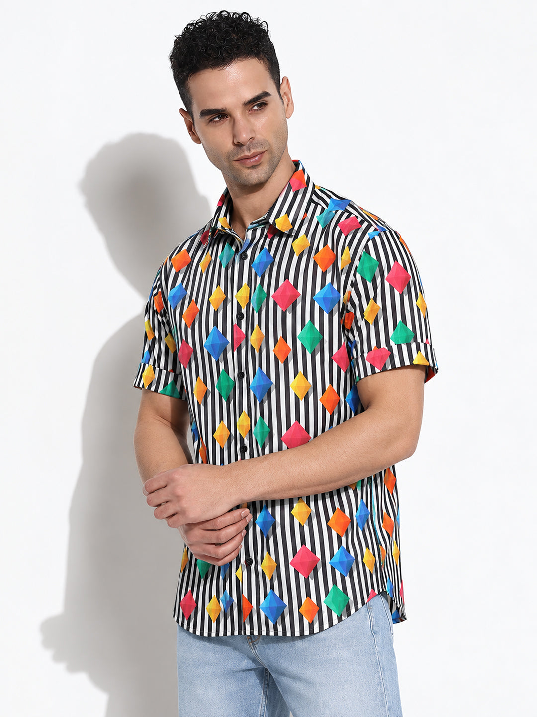 Men’s Graphic Striped Black Regular Fit Short Sleeves Casual Shirt