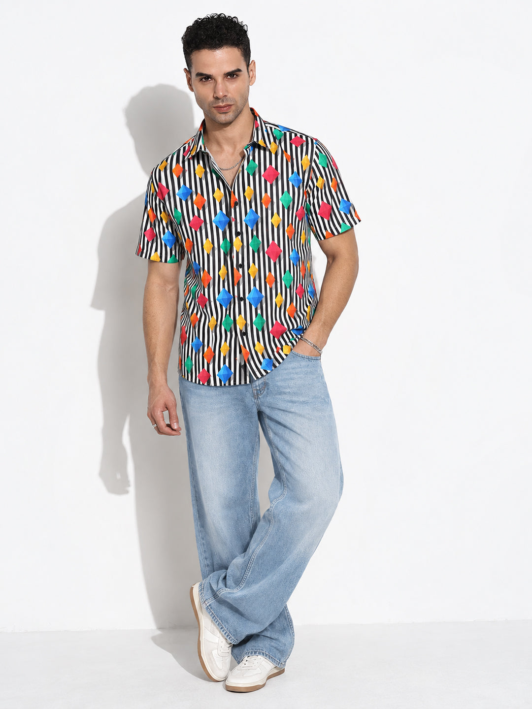 Men’s Graphic Striped Black Regular Fit Short Sleeves Casual Shirt