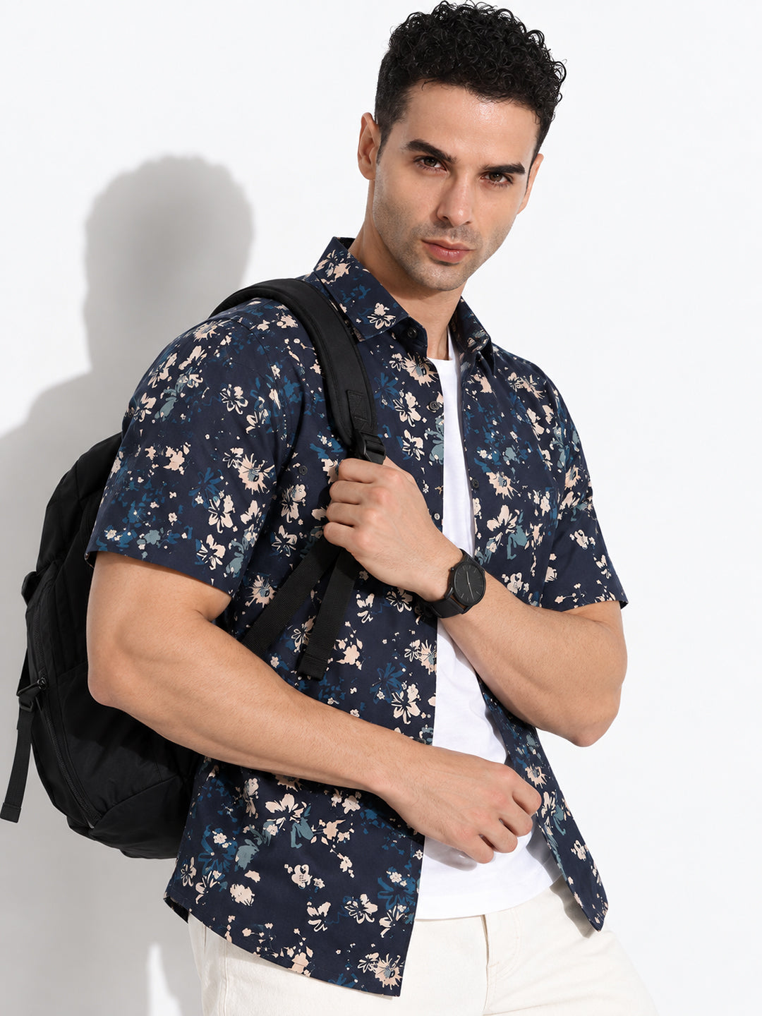 Men’s Floral Printed Navy Blue Regular Fit Short Sleeves Casual Shirt