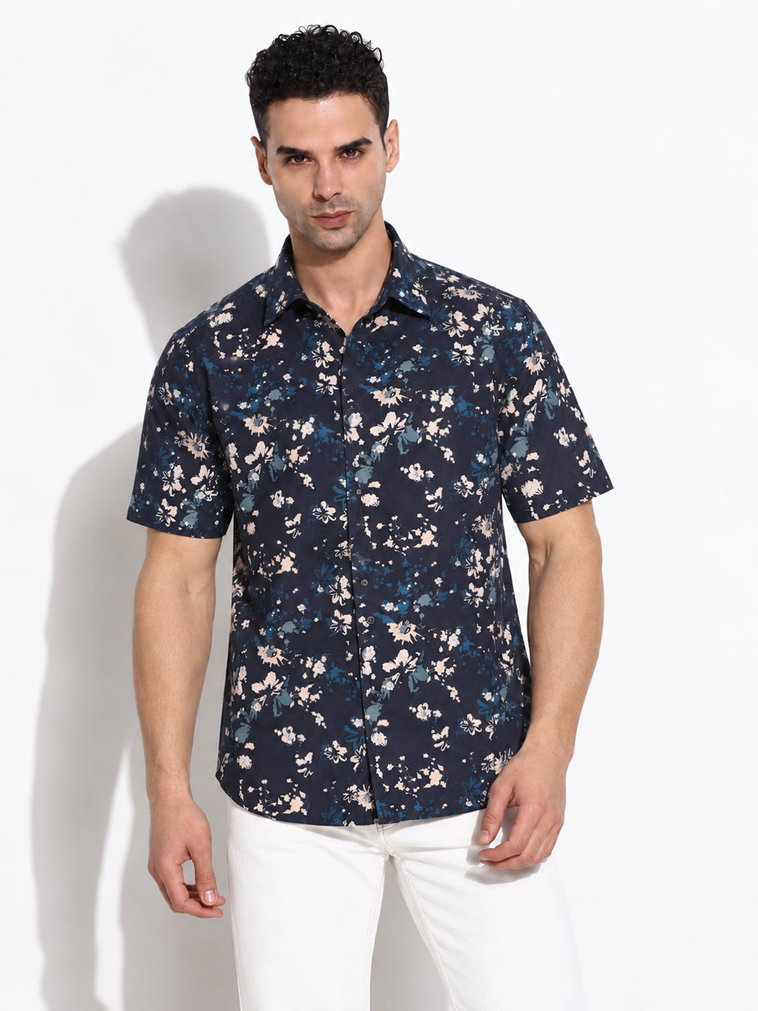 Men’s Floral Printed Navy Blue Regular Fit Short Sleeves Casual Shirt