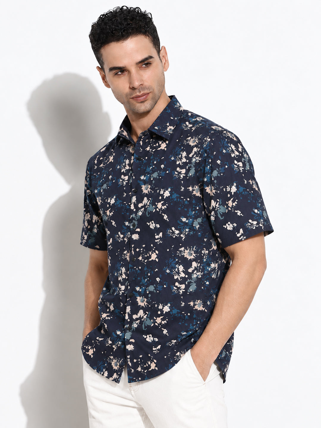 Men’s Floral Printed Navy Blue Regular Fit Short Sleeves Casual Shirt