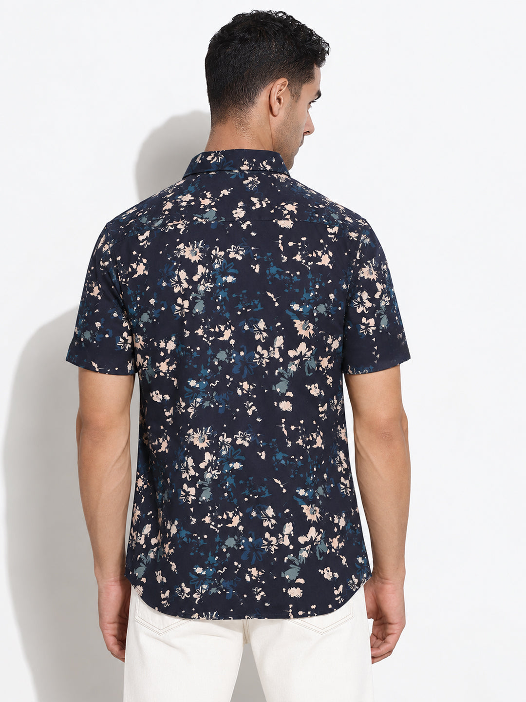 Men’s Floral Printed Navy Blue Regular Fit Short Sleeves Casual Shirt