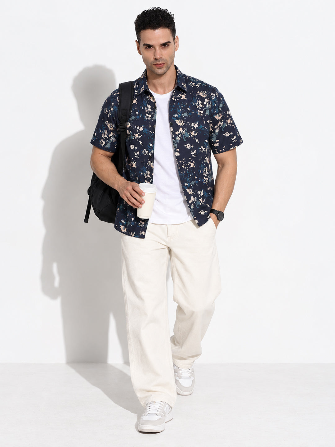 Men’s Floral Printed Navy Blue Regular Fit Short Sleeves Casual Shirt