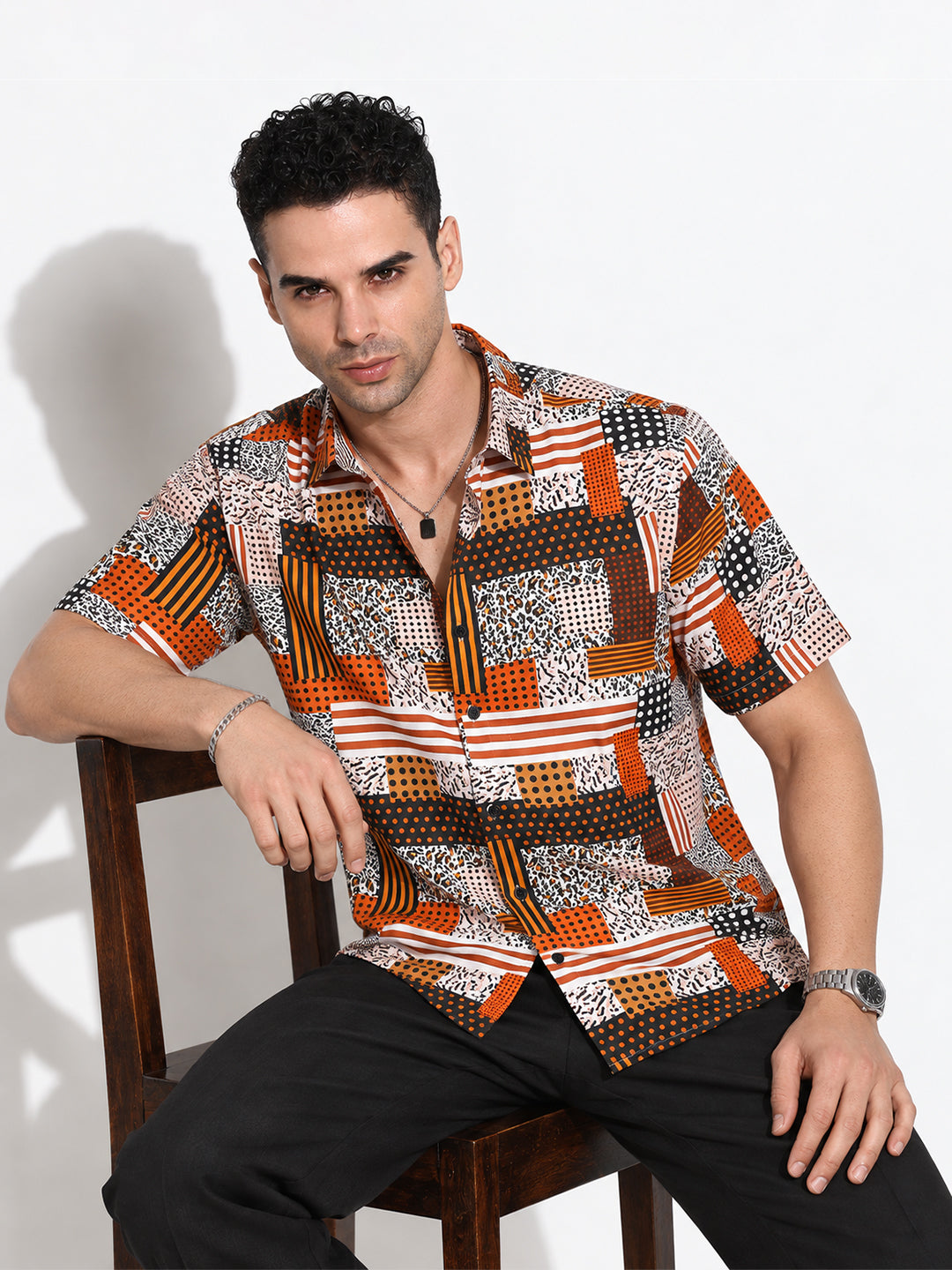 Men’s Abstract Printed Brown Regular Fit Short Sleeves Casual Shirt