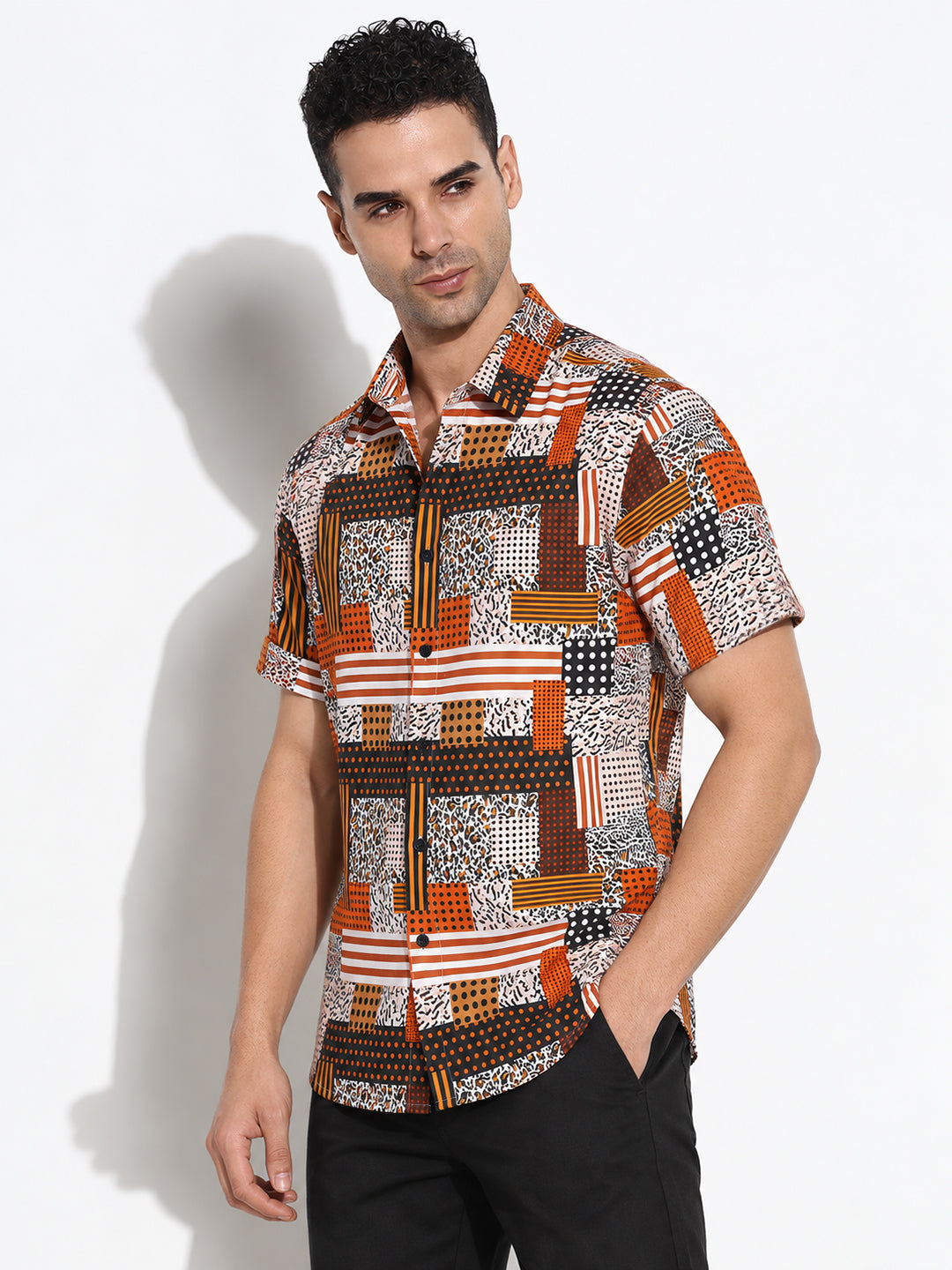Men’s Abstract Printed Brown Regular Fit Short Sleeves Casual Shirt