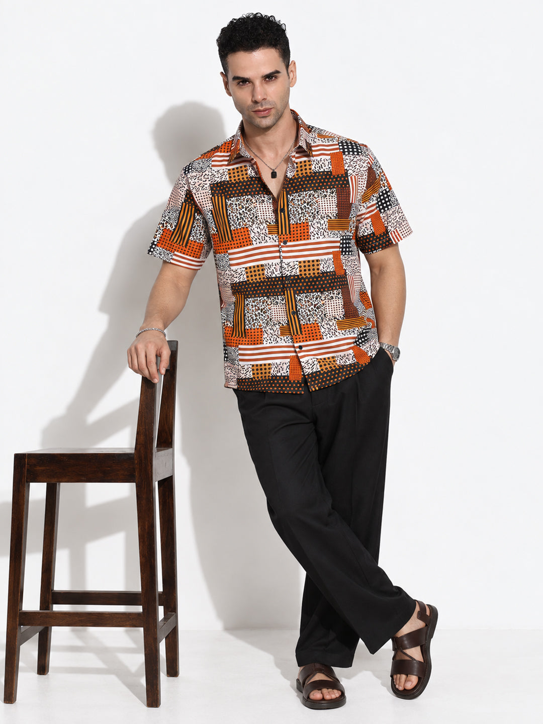 Men’s Abstract Printed Brown Regular Fit Short Sleeves Casual Shirt