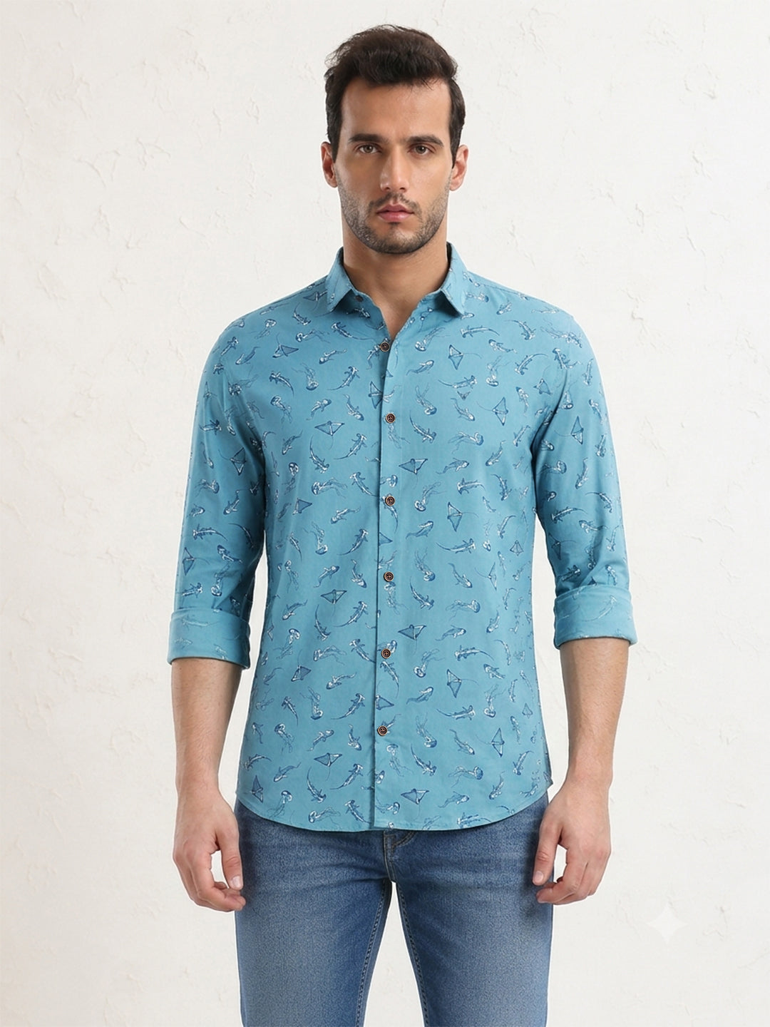 Men’s Animal Printed Blue Long Sleeves Shirt with Spread Collar