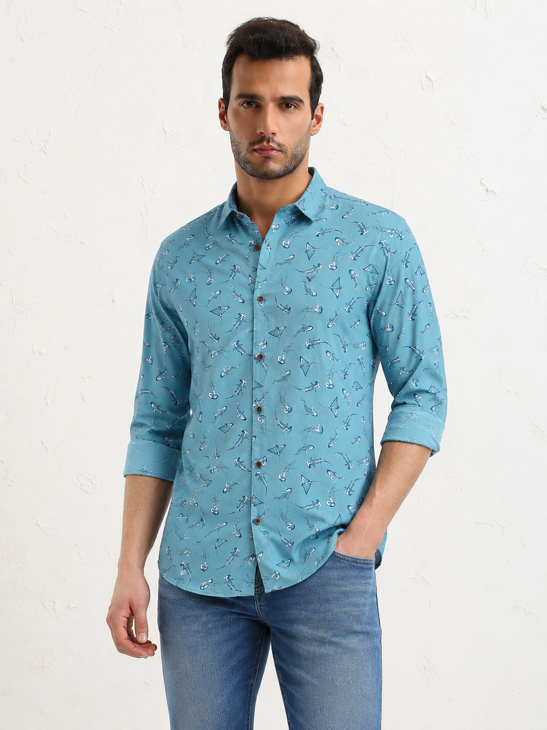 Men’s Animal Printed Blue Long Sleeves Shirt with Spread Collar