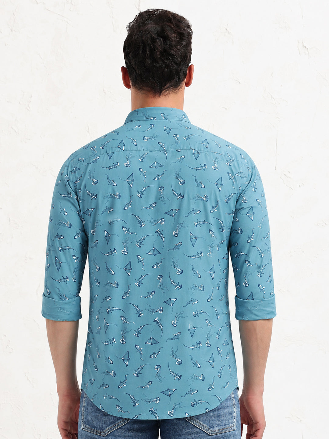 Men’s Animal Printed Blue Long Sleeves Shirt with Spread Collar