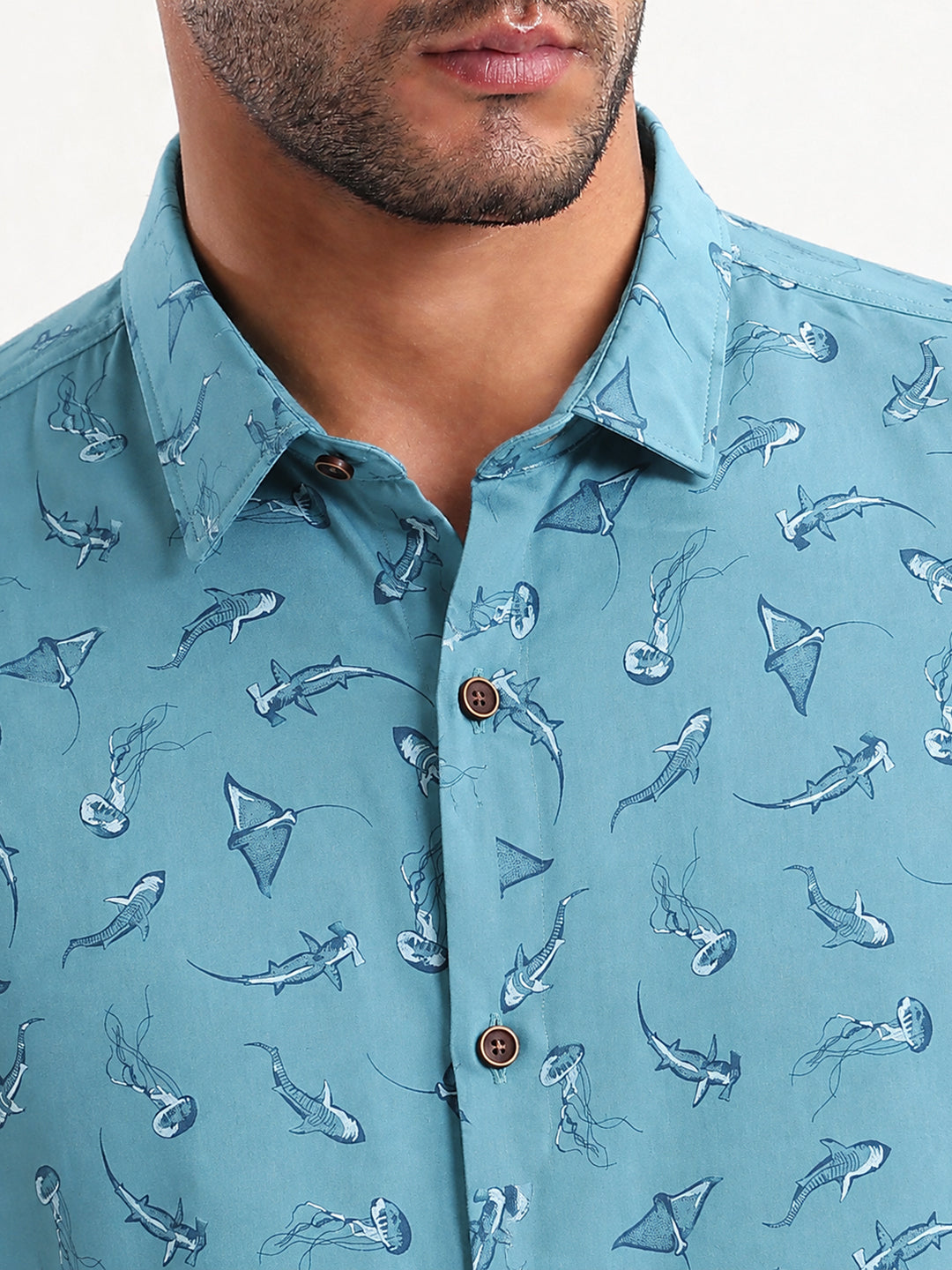 Men’s Animal Printed Blue Long Sleeves Shirt with Spread Collar