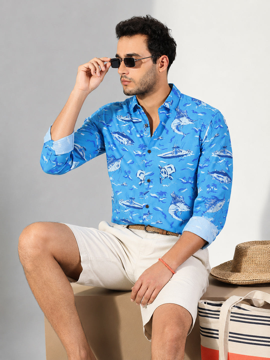 Men’s Printed Blue Slim Fit Long Sleeves Shirt with Spread Collar