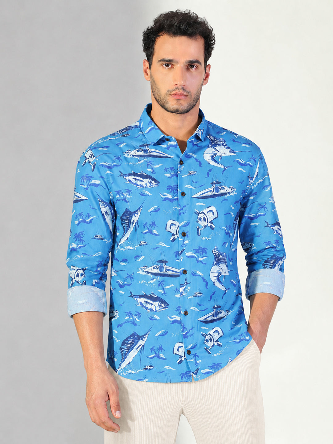 Men’s Printed Blue Slim Fit Long Sleeves Shirt with Spread Collar